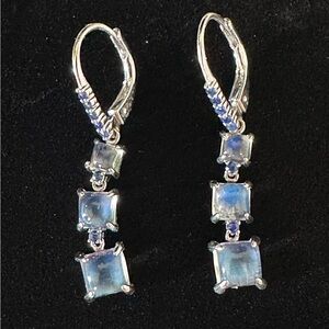 Rainbow Moonstone and Blue Sapphire Earrings Set in 925 Sterling Silver.